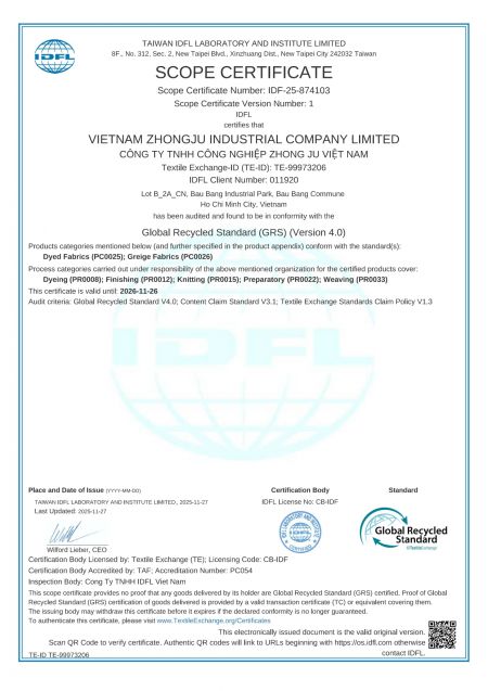 Global Recycled Standard (GRS) Zertifikat